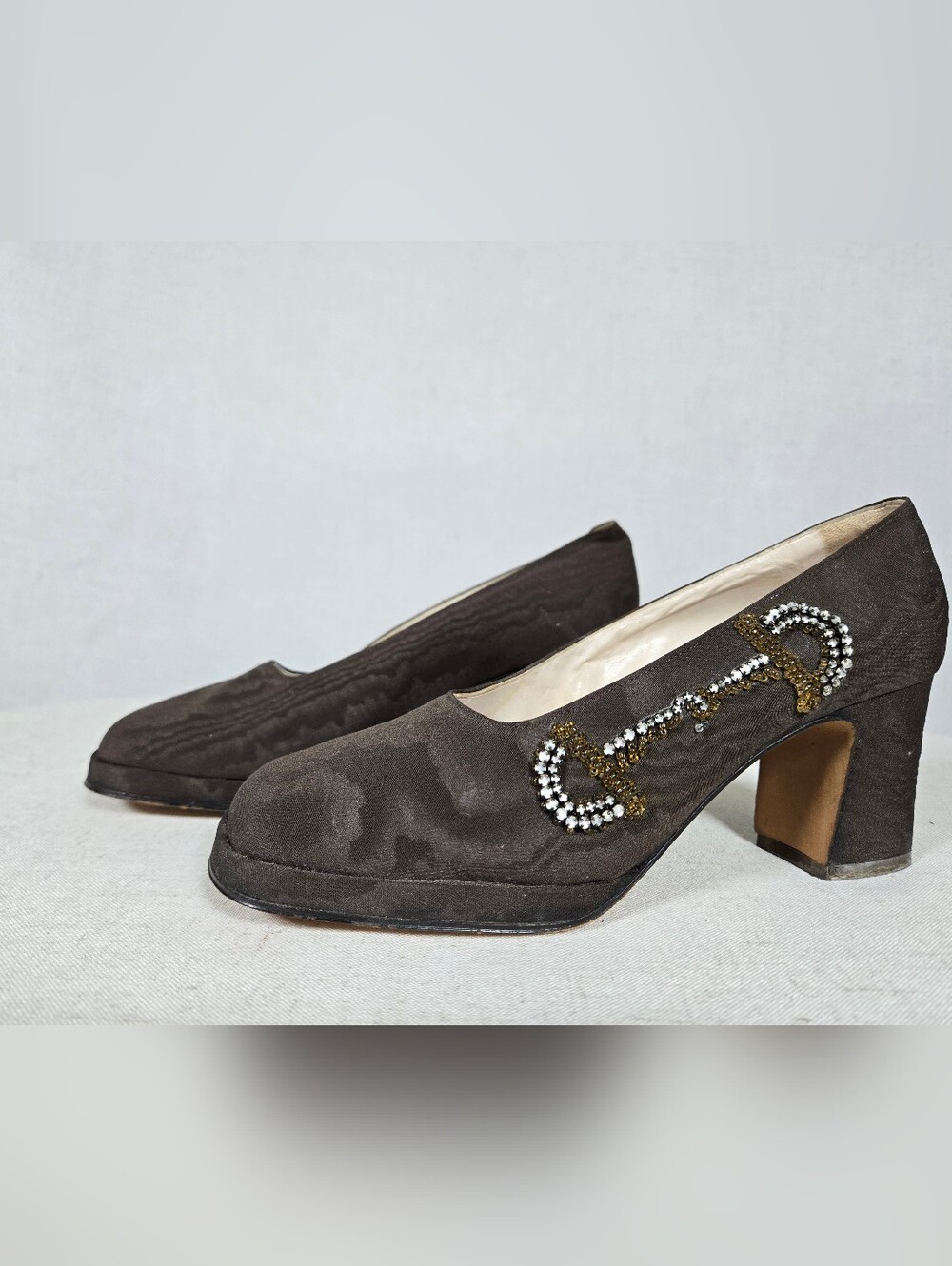 Vintage Casadei Italy Brown Satin Rhinestone Pumps – Designer Heels